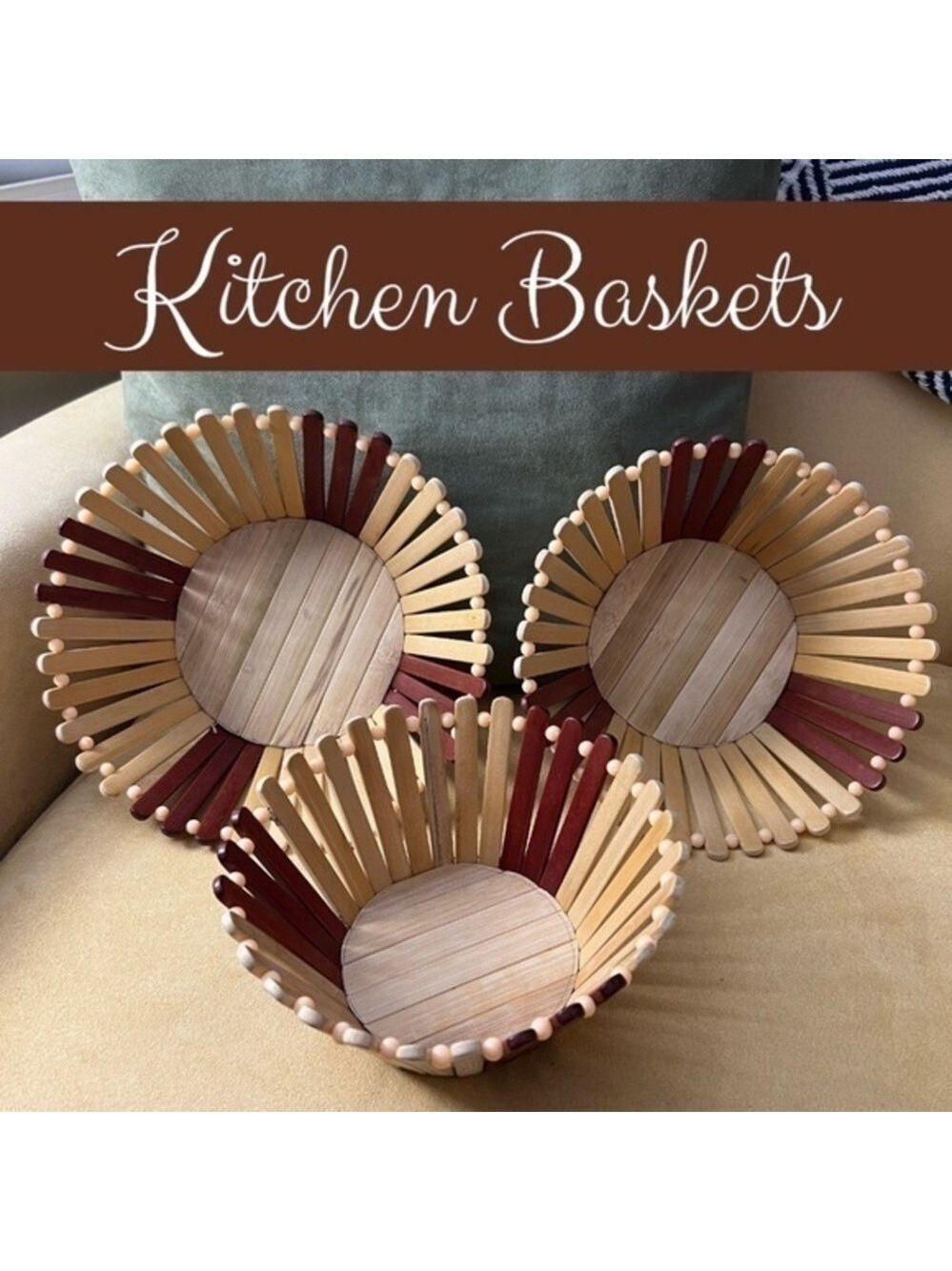 3-PC NWT Handmade Wood Bread Baskets-Fruit Bowls-Minimalist Natural Wood Baskets